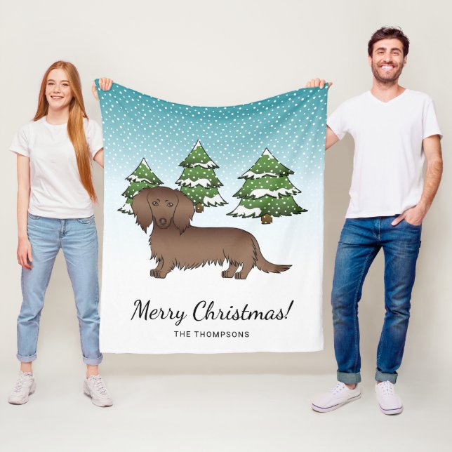 Chokladbrun långhårig söt Dachshund - Vinter Skog Fleecefilt (På plats)