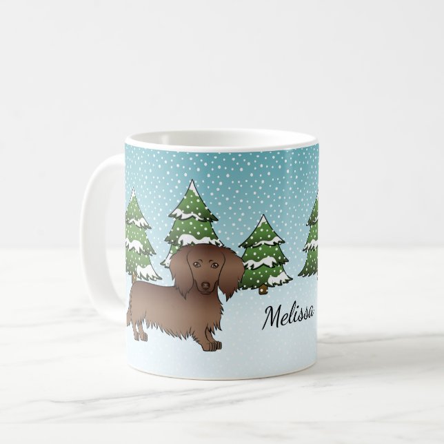 Chokladbrun Långhårig Söt Dachshund - Vinter Skog Kaffemugg (Framsida vänster)