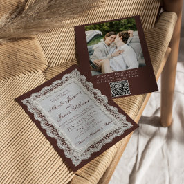 Chokladbrun spetsdoily Foto QR-kod Bröllop Inbjudningar