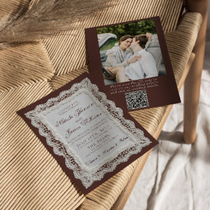 Chokladbrun spetsdoily Foto QR-kod Bröllop Inbjudningar