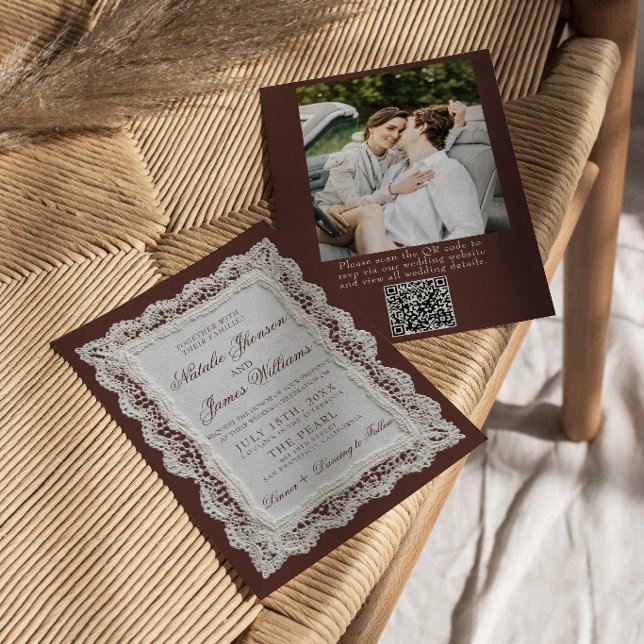 Chokladbrun spetsdoily Foto QR-kod Bröllop  Inbjudningar (Skapare uppladdad)