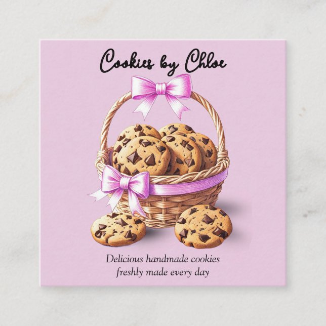 Chokladchipskakor i korg med rosa band fyrkantigt visitkort (Framsida)