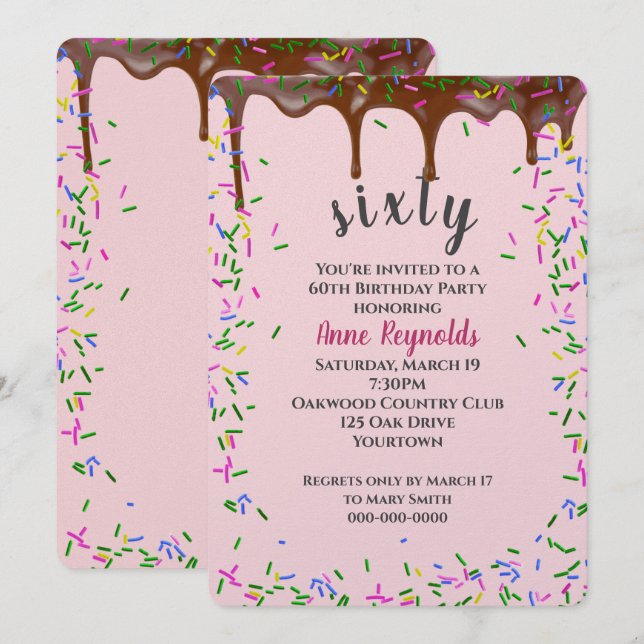 Chokladfärgning med Sprinkles i 60:e födelsedagen Inbjudningar (Fram/baksida)