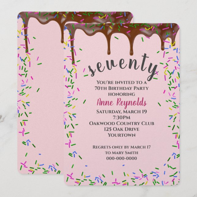 Chokladfärgning med Sprinkles i 70:e födelsedagen Inbjudningar (Fram/baksida)