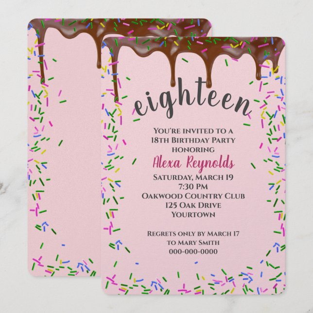 Chokladglasyr med sprinkler under 18:e födelsedage inbjudningar (Fram/baksida)