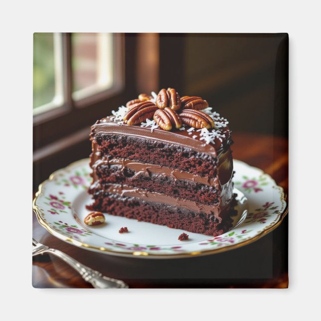 Chokladkakbit på en fin tallrik magnet (Framsidan)