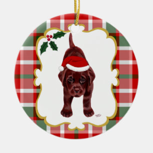 Chokladlabbvalp med Santa hatt 2 Julgransprydnad Keramik