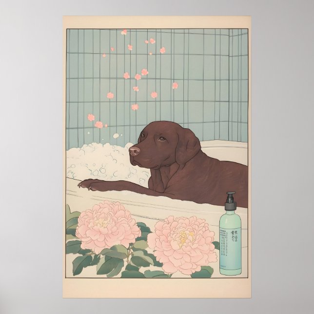 Chokladlabrador Badrumstryck Japansk Ukiyo-e Poster (Framsidan)
