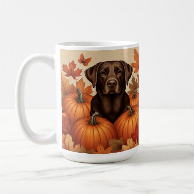 Chokladlabrador i höstmiljö med pumpor kaffemugg (Vänster)