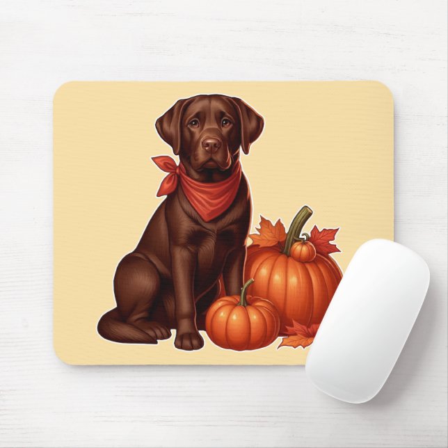 Chokladlabrador med röd bandana vid pumpor musmatta (Med mus)