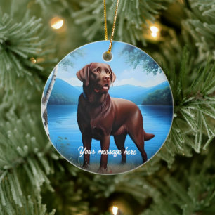 Chokladlabrador och Blå Sjö Julgransprydnad Keramik