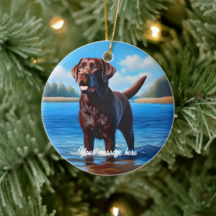 Chokladlabrador och Blå Sjö Julgransprydnad Keramik