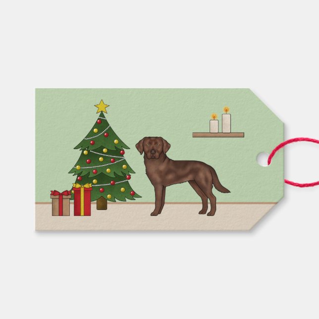 Chokladlabrador Retriever Med Julgran Presentetikett (Framsidan (Horisontell))