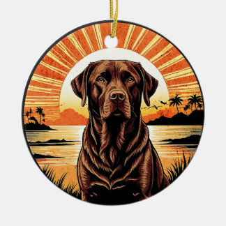 Chokladlabrador Retro solnedgång Hundälskare Julgransprydnad Keramik