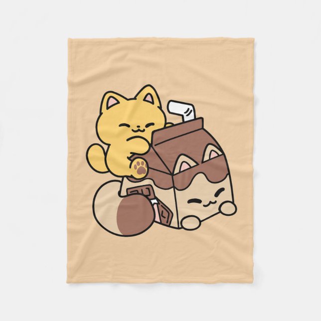 Chokladmjölkdrickande i lycka – Kawaii Kattmat  Fleecefilt (Framsidan)