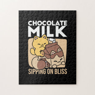 Chokladmjölkdrickande i lycka – Kawaii Kattmat  Pussel
