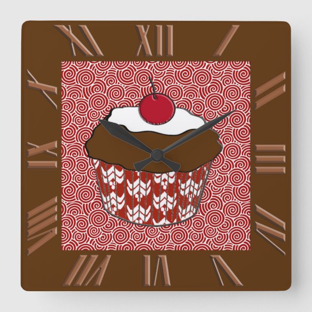 Chokladmuffin på röd och vitmönster fyrkantig klocka (Framsida)