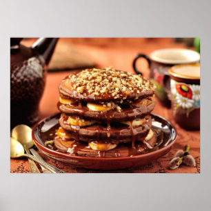Chokladpannkakor med bananer och Caramel Poster
