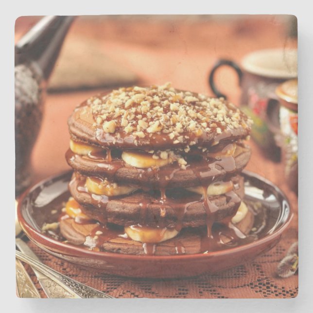 Chokladpannkakor med bananer och Caramel Stenunderlägg (Framsidan)
