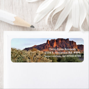 Cholla Cactus and Superstition Mountain / Arizona Returadress Etikett