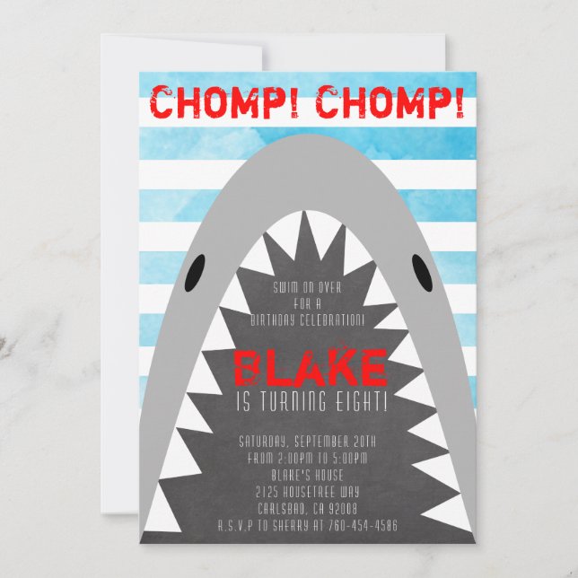 Chomp Chomp Shark Theme Birthday Boy Streped Jaws Inbjudningar (Framsida)