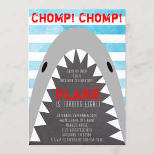 Chomp Chomp Shark Theme Birthday Boy Streped Jaws Inbjudningar