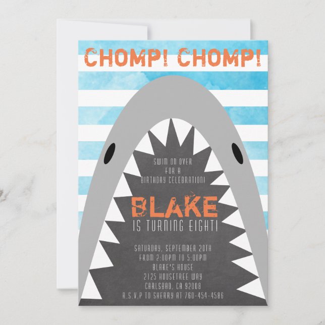 Chomp Chomp Shark Theme Birthday Boy Streped Jaws Inbjudningar (Framsida)