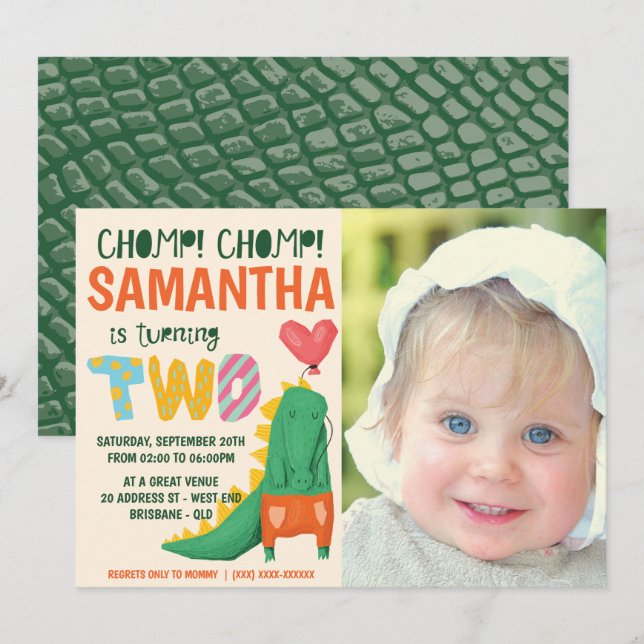 Chomp! Fotoinbjudan till krokodil på födelsedagen Inbjudningar (Fram/baksida)