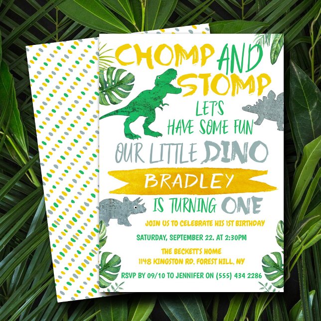 Chomp & Stomp! Dinosaur Boys 1:a födelsedag Inbjudningar (Skapare uppladdad)