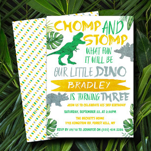 Chomp & Stomp! Dinosaur Boys 3:e födelsedagen Inbjudningar