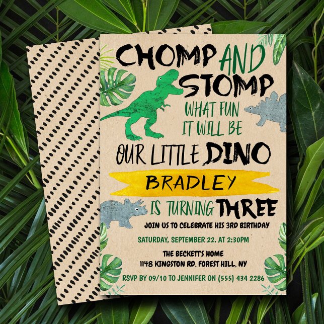 Chomp & Stomp! Dinosaur Boys 3:e födelsedagen Inbjudningar (Skapare uppladdad)