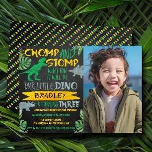 Chomp & Stomp! Dinosaur Boys 3:e födelsedagsfoto Inbjudningar