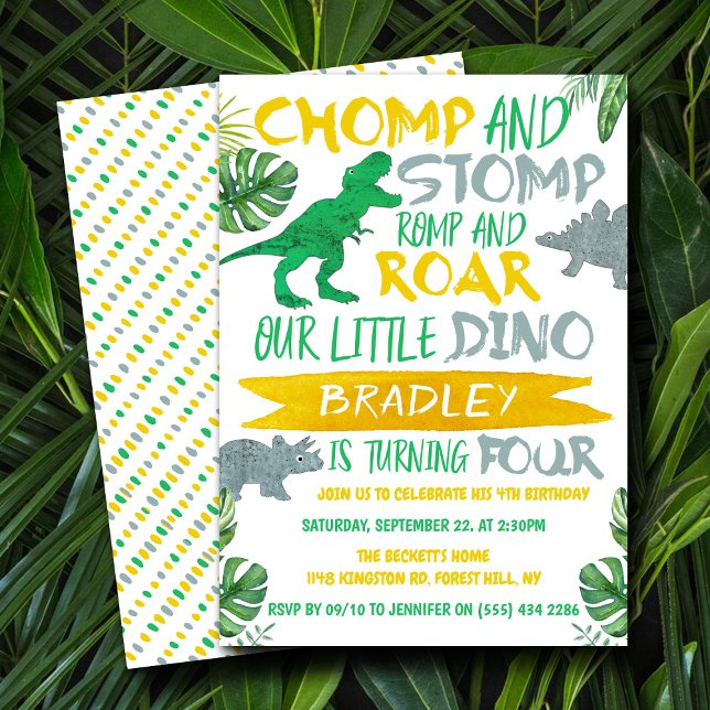 Chomp & Stomp! Dinosaur Boys 4e födelsedagen Inbjudningar (Skapare uppladdad)