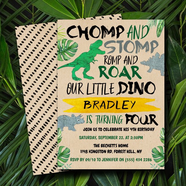 Chomp & Stomp! Dinosaur Boys 4e födelsedagen Inbjudningar (Skapare uppladdad)