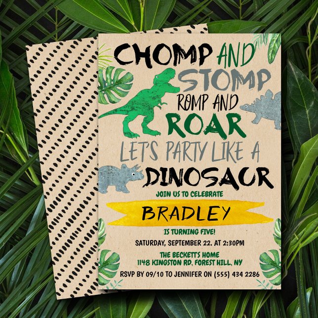 Chomp & Stomp! Dinosaur Boys alla åldrar Födelseda Inbjudningar (Skapare uppladdad)