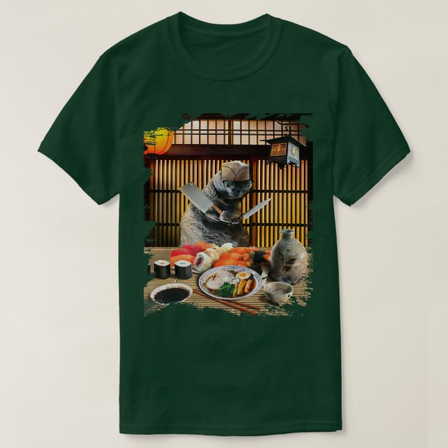 Chonk Cat Sushi Ramen Chef, Kattunge Wearing Glass T Shirt (Design framsida)