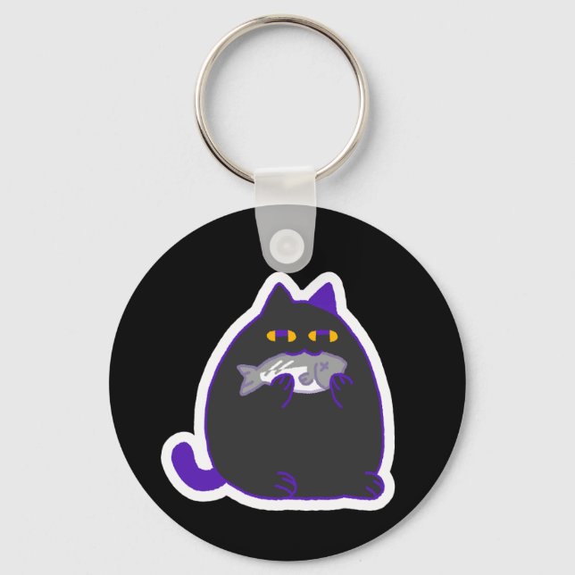 Chonky Black Cat with a Fish Keychain Nyckelring (Framsida)