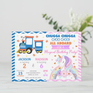 Choo Choo Tåg & Enhörning Gemensam Födelsedag Inbjudningar