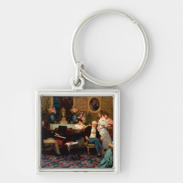 Chopin som leker pianot fyrkantig silverfärgad nyckelring (Framsidan)