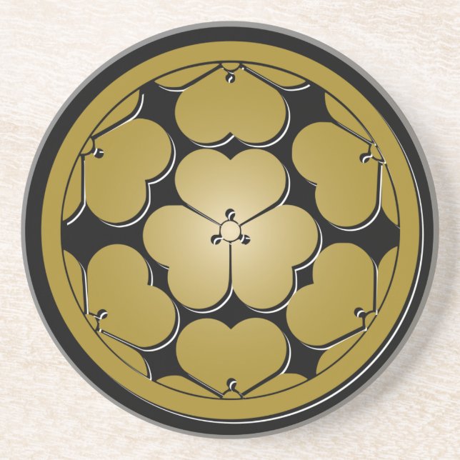 Chosokabe Mon Black Beige Japansk Samurai-Klan Underlägg Sandsten (Framsidan)