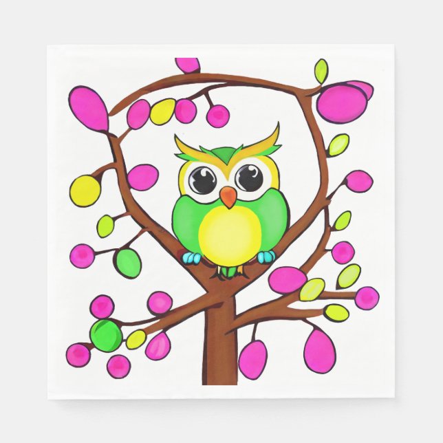   Chouette joyeuse dans un arbre multicolore Pappersservett (Framsidan)