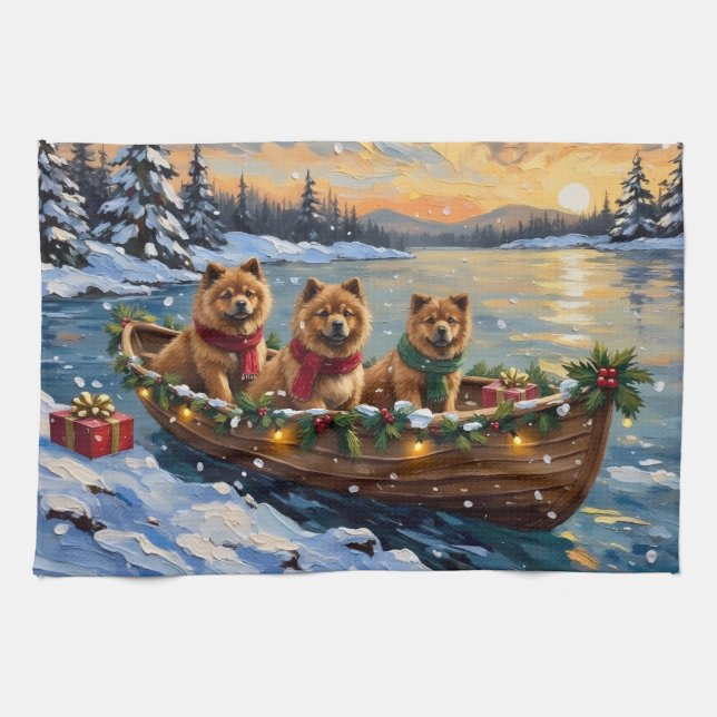 Chow Chow Christmas Boat Holiday Kökshandduk (Horisontell)
