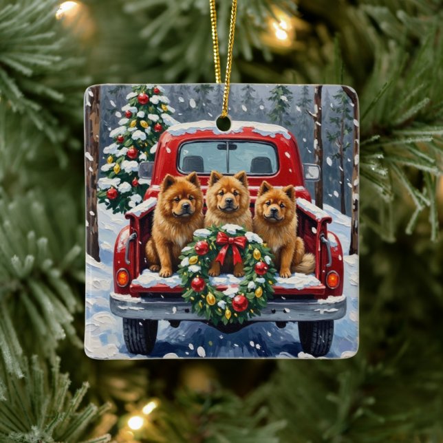 Chow Chow Christmas Red Truck Holiday Julgransprydnad Keramik (Träd)