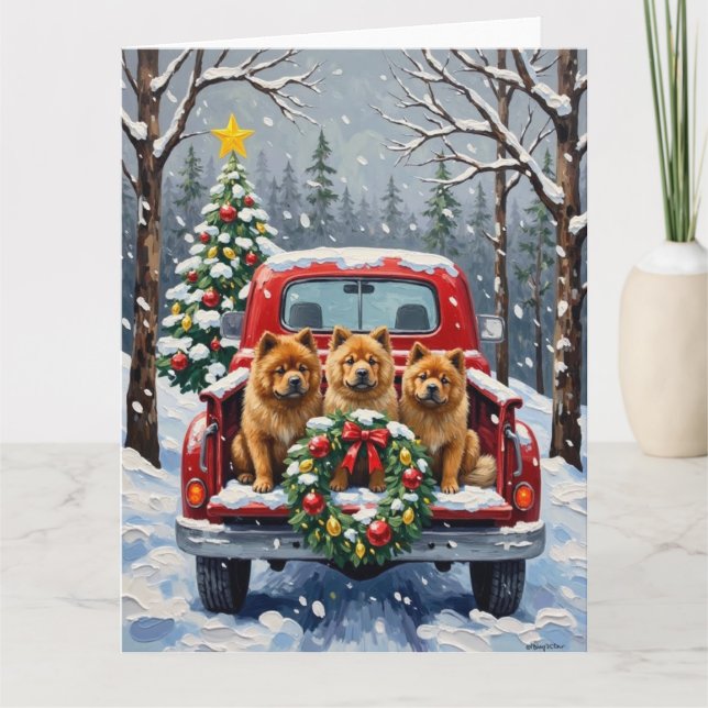 Chow Chow Christmas Red Truck Holiday Kort (Framsida)