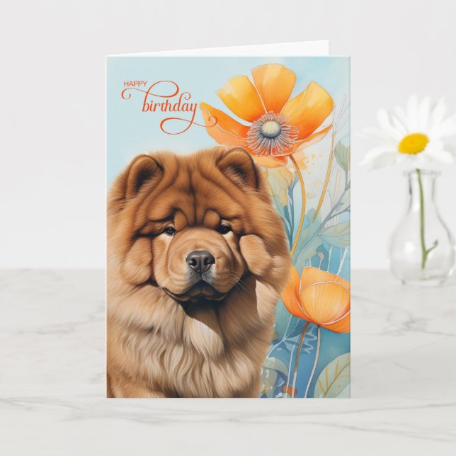 Chow Chow Dog in an Orange Poppy Garden Birthday Kort (Liten växt)
