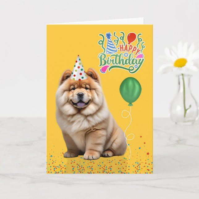 Chow Chow Dog Party Hat Yellow Birthday Kort (Liten växt)