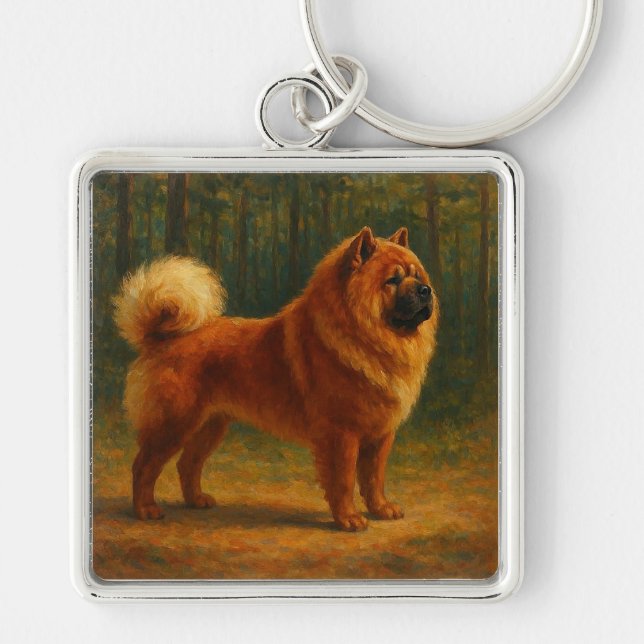 Chow Chow Fyrkantig Silverfärgad Nyckelring (Framsidan)
