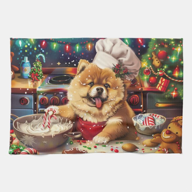 Chow Chow Helgdag Baking: Festive God Jul Kökshandduk (Horisontell)