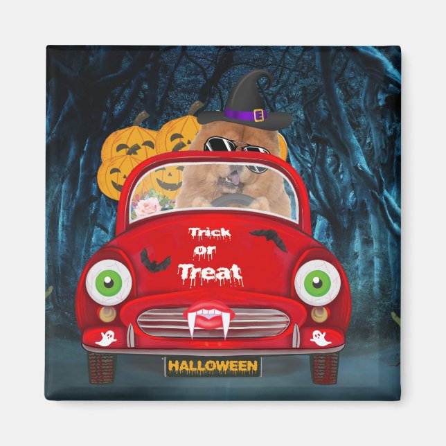Chow Chow Hund Driving Car Scary Halloween Magnet (Framsidan)