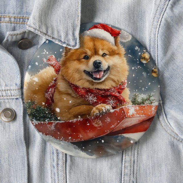 Chow Chow Hund i Släde Låt det Snöa Jul Knapp (In Situ)